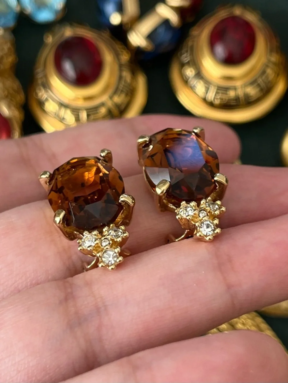 Authentic Vintage Dior Oval Brown Glass Stone Crystal Prong Gold Clip Earrings